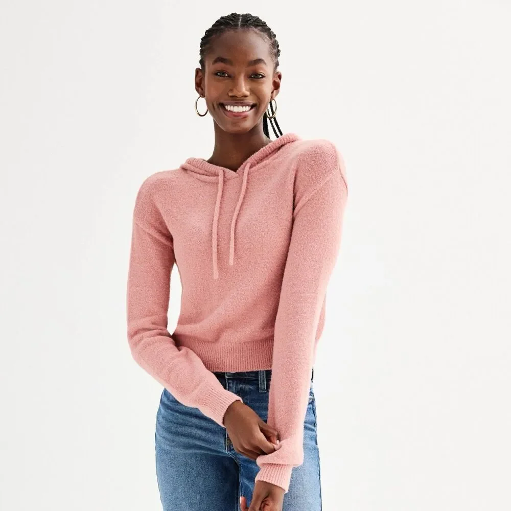 SO Juniors Hoodie XL Pink Eyelash Plush Yard Blush Crop Loungewear Womens NWT